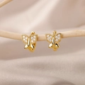 Detailed close-up of 18k gold plated butterfly hoop earring with white cubic zirconia stones - Micro-inlaid Butterfly Pendant Style (E2300G-3) / 18K Gold / Gold
