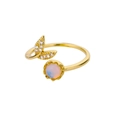 Detailed macro of gold flower ring with shimmering zircon leaf and opal stone inlay - Adjustable / Fish Tail & Artificial Opal Style (G122617)