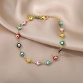 Detalle de la tobillera dorada con dijes de flores de ojo de mal de varios colores - Estilo de Ojo Turco Trébol Colorido (HJ324G-3)