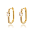 Detailed macro view of gold-plated hoop earrings with oval zircon stones and micro-pave setting - Oval Main Stone Rhinestone Style (E2032G-4) / 18K Gold / Gold