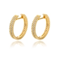 Detailed view of gold hoop earrings featuring double rows of pave-set cubic zirconia crystals - Micro-Inlaid Zirconia Hoop Style (G252033G-2) / Gold