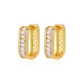 Golden hoop earrings with baguette-cut zircon stones and hollow grid craft details - Rectangular Baguette Hollow Huggie (E3453G) / 18K Gold / Gold