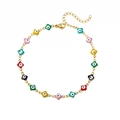 Detailed close-up of colorful evil eye clover charms on an 18K gold plated anklet chain - Colorful Drip Oil Flower Evil Eye Style (G506324G-3)