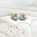 Macro view of gradient shell and starfish earrings with zircons on lace and feather - Pink Green Starfish Scallop Pair 15.3*16.5mm