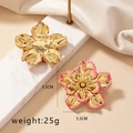 Detail shot of vintage pink enamel flower earrings with gold-plated base and dimensions - Pink Edged Gold