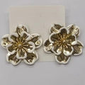 French retro white camellia flower stud earrings with elegant gold accents - White and Gold