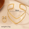 Detailed view of minimalist gold V-shape jewelry set with arm cuff and ring dimensions - Gold Set