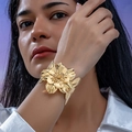 Retro golden floral open cuff bangle featuring layered petals and intricate leaf textures - 36# Glossy and Matte Contrast Floral Style / Gold