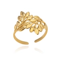 Detailed view of an adjustable golden leaf ring with a polished finish and open design - Natural Leaf Style