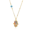 Golden Hamsa Hand and Evil Eye necklace with multi-color zircon stones on white background - Gold Multicolor Hamsa Hand Necklace (G70404326)