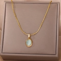 Elegant gold-tone beaded chain necklace featuring an oval cat-eye stone pendant in a gift box - Gold Blue Cat's Eye Stone Style
