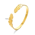 Polished gold plated stainless steel open bangle with intricate feather design 11mm wide - Fine Feather Texture Double Head Style (1534)