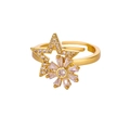 Adjustable gold rotatable sunflower ring with sparkling stars and cubic zirconia - Double Layer Starburst Style (JZ8039G)