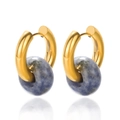 Golden hoop earrings with dark blue marble stone beads in a vintage French style - Deep Blue Stone (3)