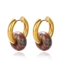 Golden hoop earrings with round red spotted natural stone beads in a vintage French style - Reddish Brown Stone (4)