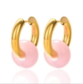 French vintage gold hoop earrings with pink natural stone donut pendants for women - Pink (E2769-5)