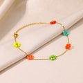 Detail of 18K gold stainless steel anklet with colorful beaded flower charms and lobster clasp - Gold Multicolor Beaded Flower Style (HJ470G)