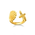 Anello regolabile dorato oceano con motivi conchiglia e stella marina per spiaggia - Anello aperto stella marina conchiglia (JZ5744G)