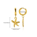 Detailed view of 18K gold plated starfish earrings with textured surface and size specs - Starfish Style (E5466)