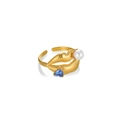 Golden lip-shaped open ring with heart-shaped blue zircon and round white pearl - Lip Shape Heart Blue Zirconia (JZ7262-2)