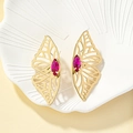 Elegant hollow butterfly stud earrings with gold plating and magenta crystal center - Ruby Red