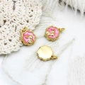 Detailed view of pink enamel bunny pendants with 18K gold plating for jewelry making - Mooncake Rabbit / 11.2*13.5mm