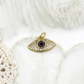 Macro view of gold plated evil eye pendant with micro-pave cubic zirconia stones - Full Zirconia Large Eye