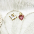 Detail of 18K gold plated heart pendants with clear zircons and red micro-pave crystals - Mosaic Heart / 13.3*10mm