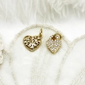 Macro detail of 18K gold heart charms with tree of life design and clear zircon inlay - Tree Heart / 10.8*10mm