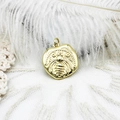 Detailed view of an 18K gold plated vintage bee coin pendant with JW engraving on lace - Large Bee Disc