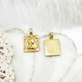 18K gold plated square queen portrait pendant with embossed design and beaded edges - Rectangular Portrait