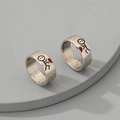 Retro silver couple rings with matchstick characters and red hearts on grey stone pedestal - One Size / Stick Figure Heart Couple Rings (J146)
