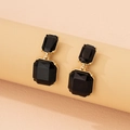 Elegant geometric gold drop earrings featuring black square resin stones for women - Black