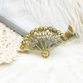 Elegant fan-shaped gold brooch with filigree design and white zircon inlays on white lace - Small Fan Style / Small Fan (16K Gold)