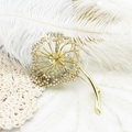 Elegante spilla a dente di leone dorata con zirconi micro-incastonati su pizzo e piume - Tarassaco