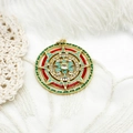 Exquisite gold sunburst pendant with red and green enamel and micro-set zircon stones - Hollow Compass Round Plate