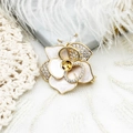 Elegant camellia flower brooch with gold plating, white enamel petals and micro-pave zircons - White Camellia (26*24.8mm)