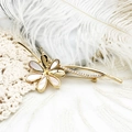 Macro detail of elegant golden camellia brooch with white mother of pearl and zircon stones - Shell Flower (67.7*26mm)
