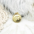 Macro view of 18K gold-plated scarab coin pendant with relief detail and white zircon - Scarab Medallion (4790032025948)