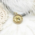 Macro shot of 18K gold plated coin pendant with embossed portrait and zircon stones - Portrait Medallion (4790032025946)