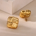 Macro shot of 18k gold plated stainless steel stud earrings with woven square texture - Square Woven Texture Style (E5446)