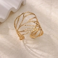 Minimalist wide open gold bracelet with hollow leaf vein design and hammered finish - Hollow Vine Texture Style (B1729) / Gold