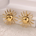 Detailed view of gold plated sun earrings with facial features on a white display stand - Gold Anthropomorphic Sun Face Stud Earrings (G8315115)
