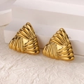 Detail of gold-plated geometric triangle earrings with sunburst fan texture on white steps - Gold Vintage Pleated Triangle Stud Earrings (G8315427)