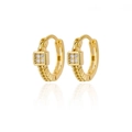 Gold huggie hoop earrings featuring square zircon insets and detailed beaded texture - Square Zirconia Decorated Huggie (G123124G-16) / 18K Gold / Gold