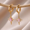 Macro shot of gold starburst earrings with pink stone and zircon on silk fabric - Pink Stone Style / Gold / Pink