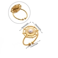 Close-up of 18K gold plated pearl flower ring with 16mm sunburst disc and size dimensions - Sunburst Pearl Style (JZ8330)