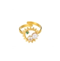 Adjustable gold plated open ring with sun motif, pearl, and colorful zircon accents - Pearl Starry Open Ring (JZ7270G)