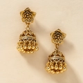 Elegant gold Jhumka bell earrings with floral stud and textured metallic patterns - Antique Gold