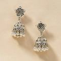 Vintage silver Jhumka earrings with floral stud and hollow bell pendant design - Antique Silver